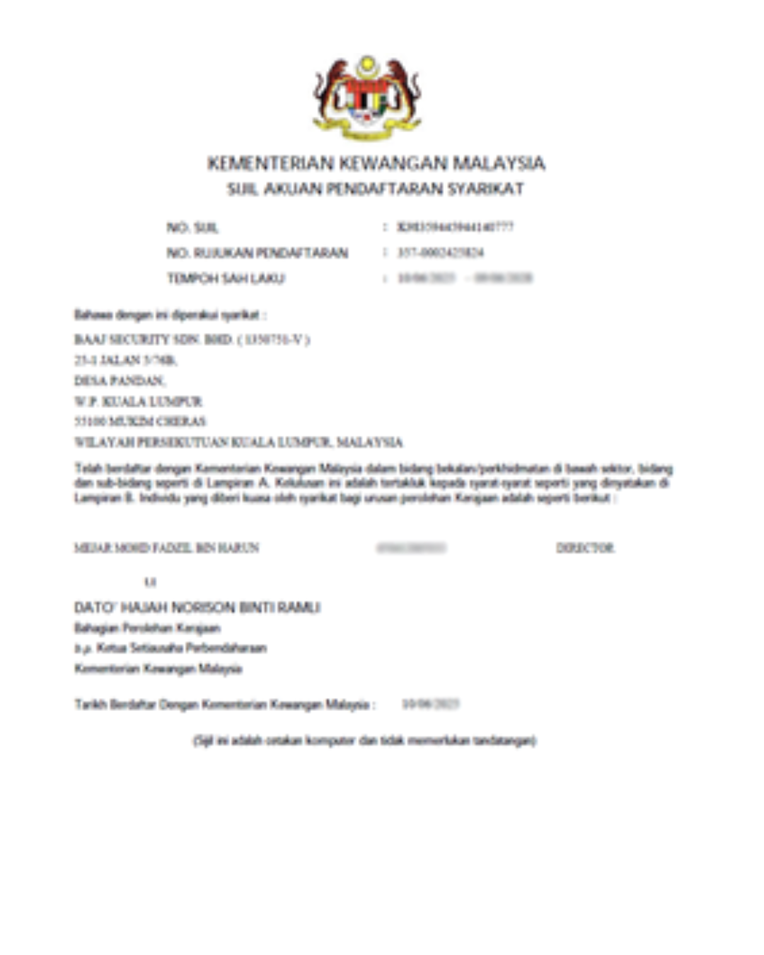 MOF Security Company Certification MOF Security Company Certification